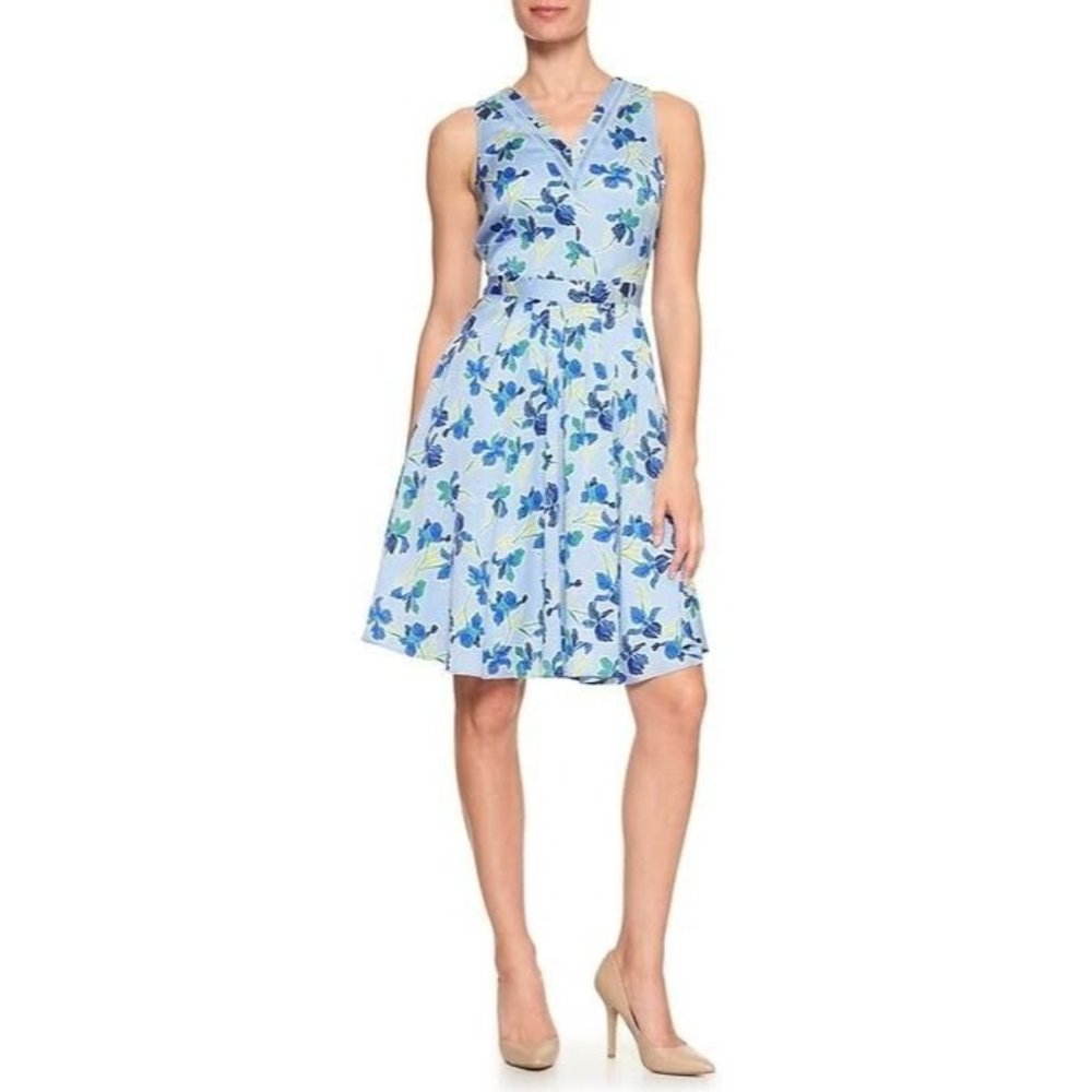 Banana Republic Womens Dress 2 Floral A-Line Satin Blue V-Neck Sleeveless Pocket